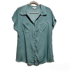 Umgee Green Washed Frayed Hem cotton Blend Button Down Shirt Blouse